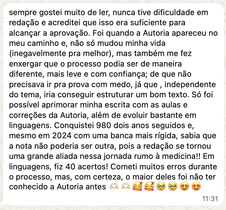 Depoimento: conquistei 980 na redação dois anos seguidos e fiz 40 acertos em Linguagens, rumo à Medicina.